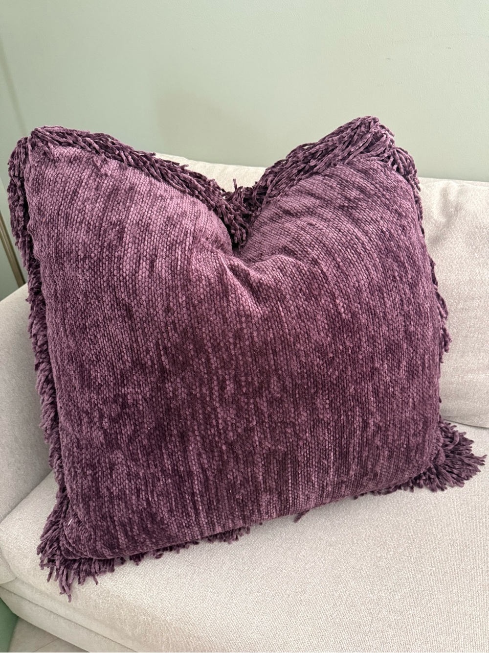 2 Vince Camuto Plum Fringe Accent Pillows on Cream Sofa